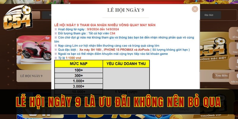 Khuyến mãi C54 - 4 ưu đãi hot nhất năm 2024 cho người chơi 2 Lễ hội ngày 9 là một ưu đãi không nên bỏ qua